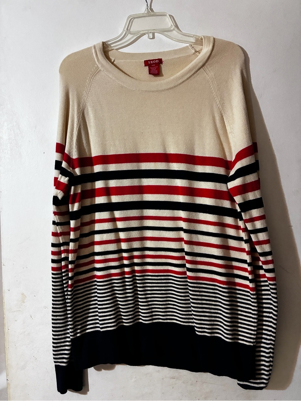 Izod Cream Red Black Striped Crewneck Sweater